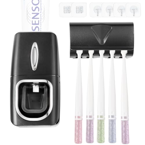 Toothbrush Holder and Toothpaste Dispenser Set, Automatic Toothpaste Squeezer Dispenser, Dispenser Toothpaste Squeezer Kit, Wall Mounted Bathroom Accessories (Black) - color: Black