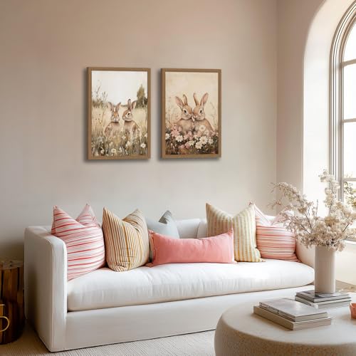 Framed Easter Bunny Wall Art Canvas Print Vintage Bunny Paintings Canvas Wall Art Prints Posters Pictures Gallery Artwork for Living Room Bedroom Nursery Farmhouse Home Decor 16x24in Ready to Hang - color: Two rabbits, size: 16x24 inches