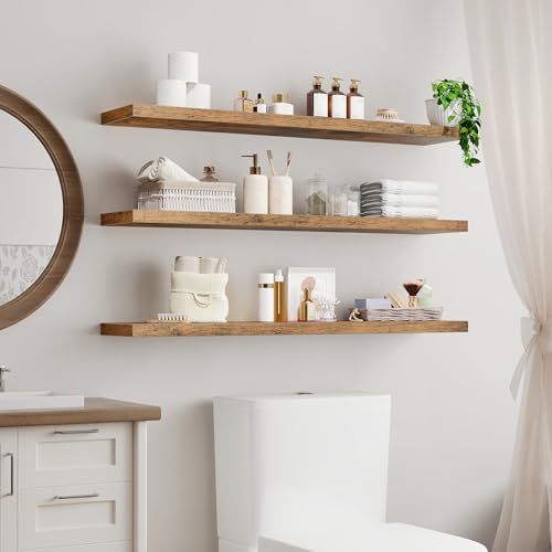 RALGEND Floating Shelves for Wall, 1.5" Thick Wall Shelf Set of 3 with Invisible Bracket, L47.2 x W7.9 Hanging Shelves Farmhouse Home Decor for Bathroom, Living Room, Bedroom, Rustic Brown 12301BJP3BF - color: Rustic Brown, size: 47.2 Inches