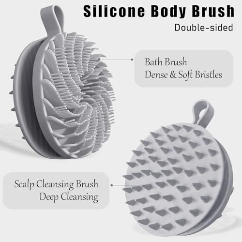 Douji Double-Sided Silicone Body Scrubber Shower Bath Brush, Handheld Cleansing Skin Brush for Sensitive Kids Women Men All Kinds of Skin（Grey） - size: Grey