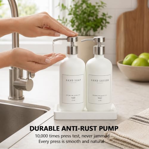 Glass Soap Dispenser Bathroom - Kitchen Dish Hand Soap Dispenser Set, Liquid Soap Lotion Dispenser with Tray, Hand Soap and Lotion Dispenser, White Bottle/Silver Pump-pd - color: White Bottle/Brushed Silver Pump + Tray
