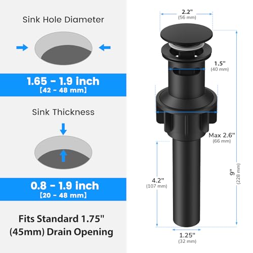 Bathroom Sink Drain with Overflow with Hair Catcher Anti-Clog Sink Strainer | Hurran Matte Black Bathroom Sink Stopper for 1.65"-1.9" Hole, Plastic Pop-up Drain for Bathroom Vanity Vessel Sink, 2 Pack - color: Matte Black X 2