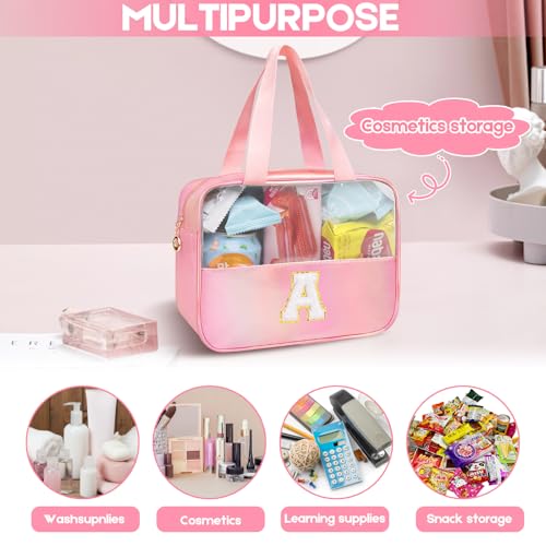Personalized Initial Clear Makeup Bag Pink Cosmetic Bag Set Large Travel Toiletry Bag, Cute Clear Make Up Bags Organizer Bag for Girlfriend Teacher Gifts Teen Girl Gifts Trendy Stuff L (Pink) - color: Pink, style: L