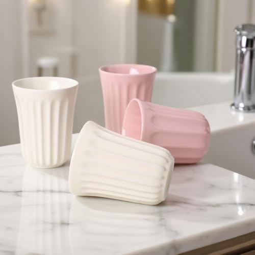14oz Ceramic Toothbrush Cup Holder, Mouthwash Cups, Modern Bathroom Organizer for Countertop, Sink or Vanity, Colors, Set of 2. (White and Pink)
