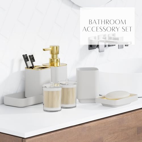 9PCS Bathroom Accessory Set, White Bathroom Set, Bathroom Accessories Set Complete with Trash Can, Toothbrush Holder, Soap Dispenser, Toilet Brush, Bathroom Decor - size: Bath Set with 4 Gallon Trash Can, style: White Swing-Top