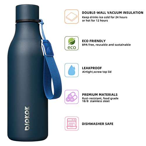 BJPKPK Insulated Water Bottles, 18 oz Stainless Steel Metal Water Bottle with Strap, BPA Free Leak Proof Jugs, Mugs, Flasks, Reusable Thermal Flasks for Sports & Travel, Navy Blue - color: Navy Blue, size: 18 Ounces, style: 18oz