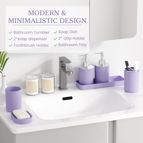 Purple Bathroom Accessories Set, 10PC Bathroom Set, Bath Accessory with Pop Up Trash Can, Soap Dispenser, Toilet Brush, Toothbrush Set Qtip Holders & Tray - color: Purple & Silver, size: 10-Piece Set (Accessories Only)