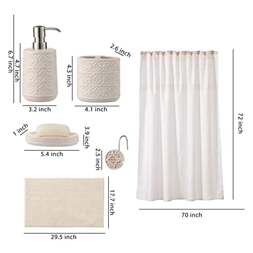 Bathroom Accessories Set, Bath Accessory Complete Set with Lotion Dispenser/Soap Pump, Soap Dish and Toothbrush Holder, Bath Mat, Shower Curtain with 12 Hooks (Embossed Pattern, Tan)