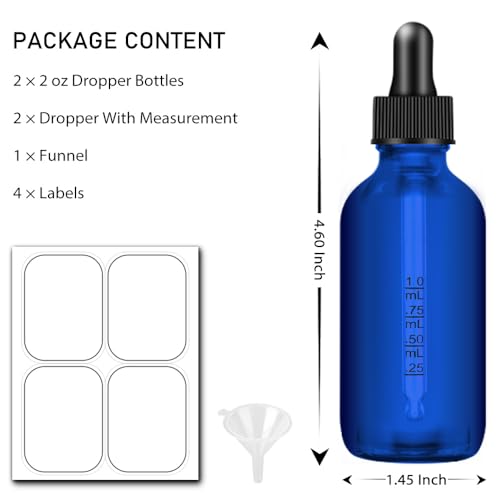 Bumobum Dropper Bottle 2 oz, 2 pack Blue Glass Eye Dropper Bottles with Labels and Funnel, Leakproof Tincture Bottles with Measured Dropper - color: Blue