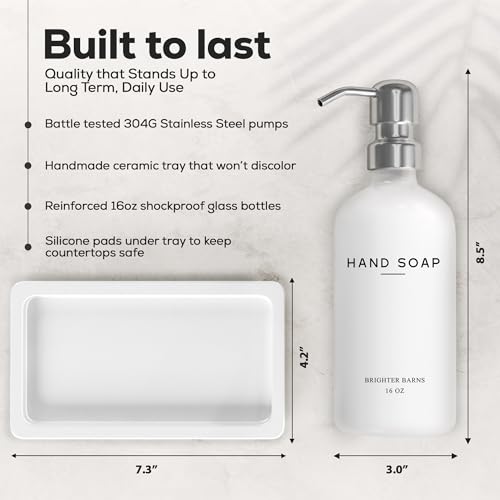 White Glass Hand and Dish Soap Dispenser Set by Brighter Barns - Kitchen Soap Dispenser Set with Tray & Pump for Office, Hotel, Vacation Rental, Airbnb - Modern Kitchen Decor & Accessories (White) - color: Silver Hd