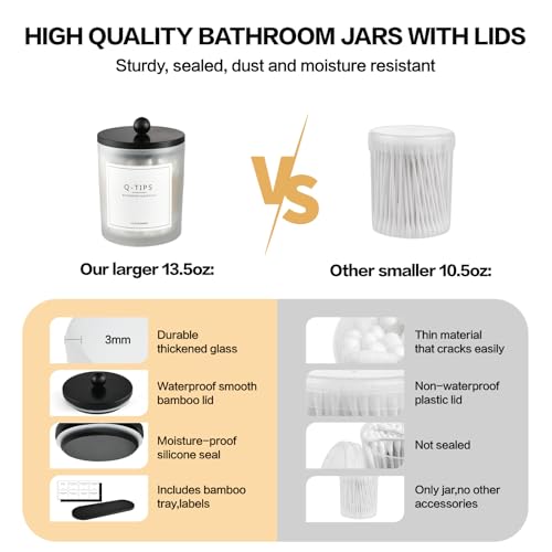 3 Pack Qtip Holder Bathroom Set,Cotton Ball Swab Pad Holder Cotton Round Floss Pick Dispenser with Tray,Glass Apothecary Jars with Lids,Bathroom Organizers and Storage Canisters-Frosted White