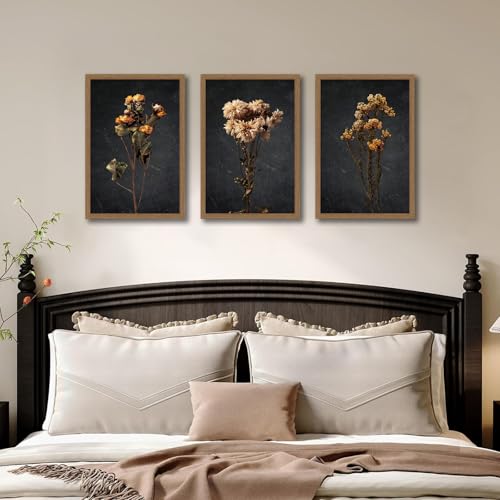 3Pcs Framed Vintage Wall Art Prints, Retro Moody Floral Botanical Canvas Painting Farmhouse Decor, Black Dark Classical Flower Wall Art for Bathroom, Bedroom, Living Room, Gallery,12x16in - color: Vintage Dried Flower Wall Art, size: 12x16 Inches