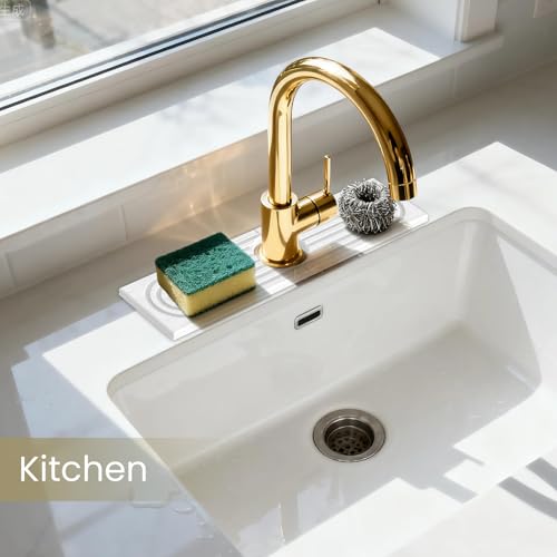Diatomite Faucet Mat for Kitchen Sink, Quick-Dry Stone-Like Sink Mat, Flat Lay Absorbent Countertop Drying Mat for Faucet Area, Hard Diatomite Mat, White, 15.8 x 4 in - color: White-D