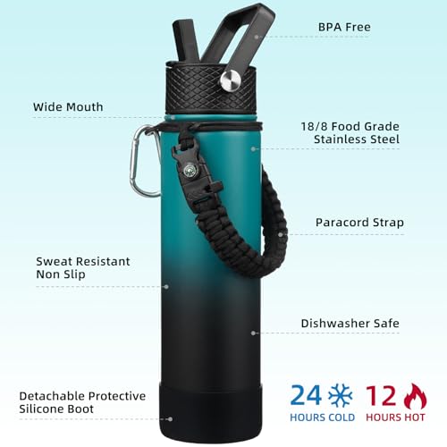 BJPKPK 27oz Insulated Water Bottles with 3 Lids, Paracord Handle & Non-slip Boot, Stainless Steel Water Bottle with Straw, BPA Free Thermal Flasks, Tumblers, Army Green & Black - color: Army Green & Black, size: 27 Ounces