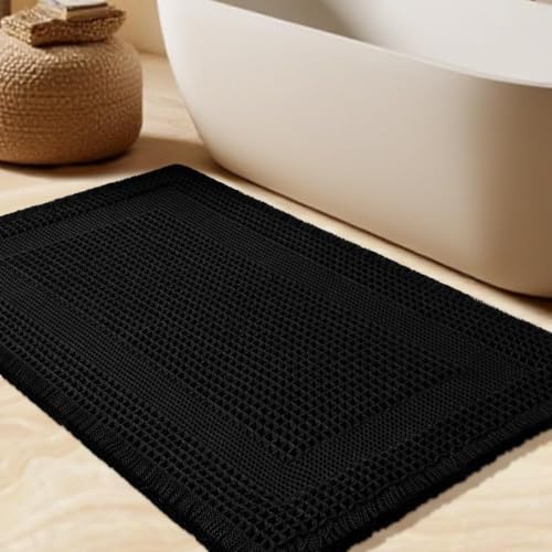 Upgrade Waffle Bath Mat, Boho Bathroom Rugs Absorbent Non Slip, Ultra Soft Bathroom Mat, Machine Washable Knit Bath Rugs with Tassels for Bathroom, Bedroom, Kitchen, Shower, Tub, Black, 36"x24" - color: Black-looped, size: 2' x 3' (Rectangular)