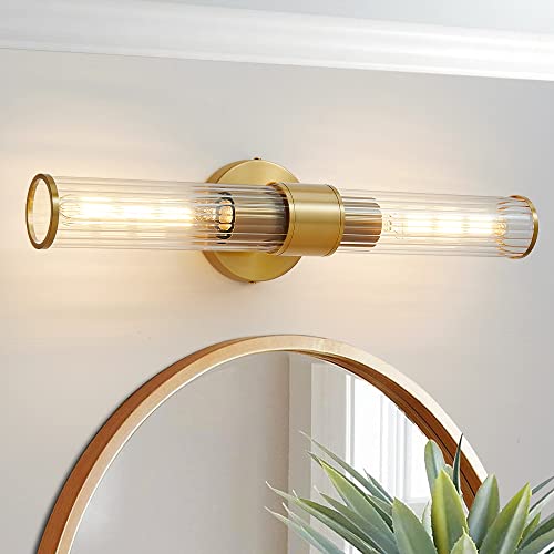 Hardwired Bathroom Light Fixtures, Gold Wall Sconce in Threaded Glass Indoor Wall Sconces, Modern Bathroom Vanity Light Up and Down Sconces Wall Lighting for Living Room, Bulb Not Included - color: Gold-B