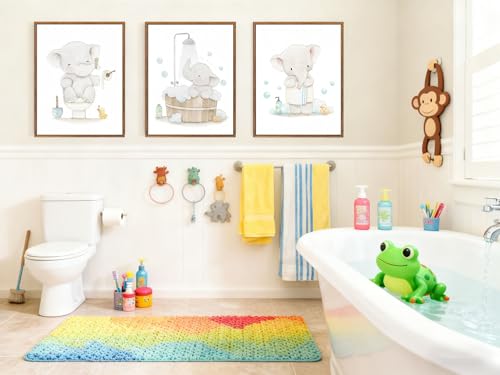 Framed. Set of three prints for bathrooms. An elephant in my bathroom wall art. Canvas Print. Funny kids Bathroom home decor. 8x10 inch. - color: X, size: 10"L x 8"W