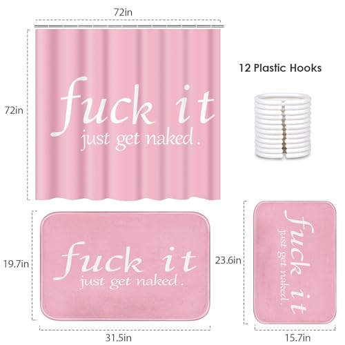 ArtSocket 3 Pcs Shower Curtain Set with Rugs, Pink Funny Get Naked Bathroom Set with Non-Slip Rug Bath Mat and 12 Hooks 72x72 inches - color: Pink Funny Quotes