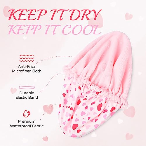 Shower Cap for Women Terry Lined Bath Cap Large Reusable Waterproof Elastic Band Pink Shower Caps for Long Thick Hair Soft Bath Shower Hair Caps - color: Pink Hearts