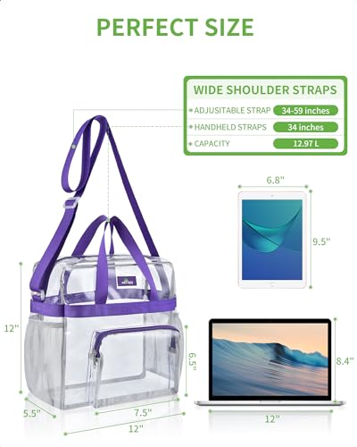 MAY TREE Clear Bag for Stadium Events 12×6×12 Clear Tote Lunch Bag with Reinforced Straps for Work, Sporting Events and Gym, Purple - color: Purple