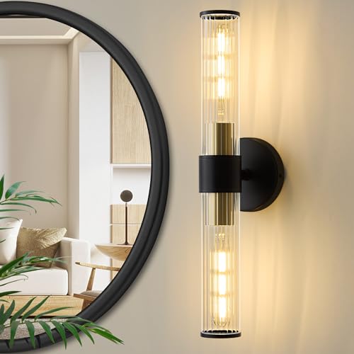 Bathroom Light Fixtures, Black Gold Wall Sconce in Threaded Glass Vanity Light, Modern Bathroom Wall Light for Bedroom, Living Room - Bulb Not Included - color: Black Gold-B