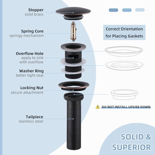Angle Simple Bathroom Sink Drain with Overflow, Brass Pop Up Sink Stopper for Sink with 1.61 to 2 Inches Drain Hole, Oil-Rubbed Bronze - color: Oil-rubbed Bronze