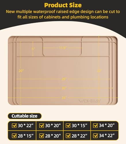 Wohbay Under Sink Mats for Kitchen Waterproof, Cut to Fit Under Sink Drip Tray for Kitchen Bathroom Cabinets, Silicone Under-Cabinet Hold Up to 3.3 Gallons Liquid, 34" X 22" Or Smaller -Khaki - color: Khaki