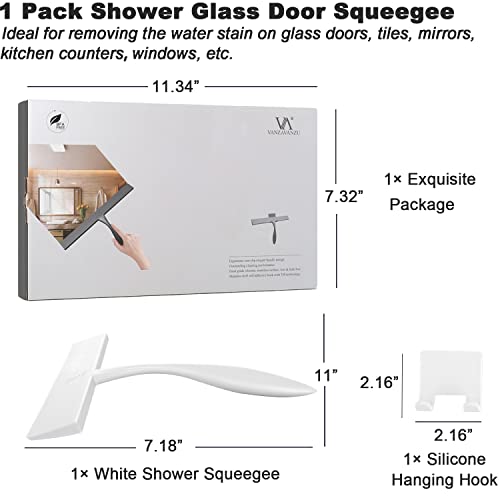 Shower Squeegee for Glass Doors, 11-Inch Silicone Squeegee with Non-Slip Handle and Adhesive Hook for Bathroom, Mirror, Tile, Car Window (White) - color: White