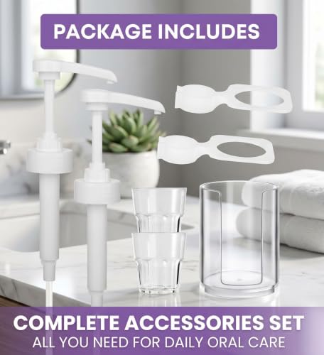 Dispenser Pumps for Listerine 1 or 1.5 Liter Mouthwash Bottles with Cup Holders, Resuable Cups and Clear Plastic Paper Cup Dispenser - Fits Total Care, Original, Zero Alcohol, Cool Mint, etc