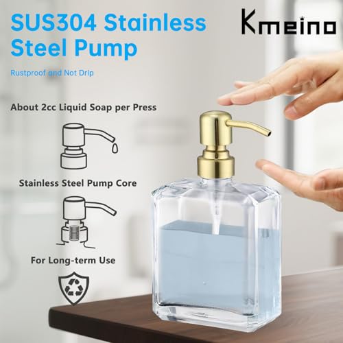 Clear Glass Soap Dispenser Retangular, Brushed Gold Pump, 13.5 oz | Rust Proof Stainless Steel Pump, Refillable, Hand Soap, Liquild Soap, Dish Soap - color: Gold, size: 13.5oz-Square