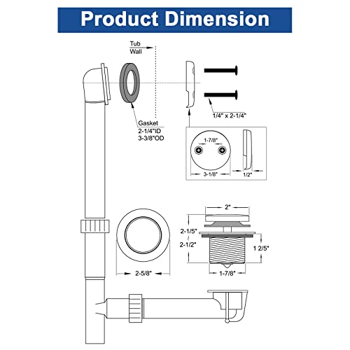 Brass Tip-Toe Tub Drain Kit with Basket Strainer and Two Hole Overflow Faceplate, Oil Rubbed Bronze - color: Oil Rubbed Bronze, style: 2-hole