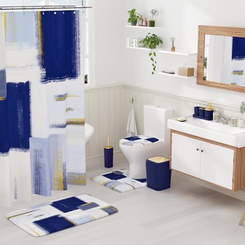 XLHOMO Bathroom Accessories Set - 25PC Bathroom Set with Shower Curtain and Rugs, Blue Bathroom Set, Bathroom Accessory Set with Press-on Lid Trash Can, Soap Dispenser and Qtip Holders - color: Blue & Gold, size: Plaid Complete Set + Bath Rugs