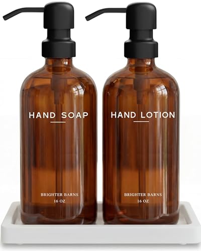 Amber Glass Soap and Lotion Dispenser Set with Tray by Brighter Barns - Hand Soap Dispenser Bathroom Set & Stainless Steel Pump for Home, Restaurant, Spa - Neutral Bathroom Decor & Accessories (Amber) - color: Amber Sl
