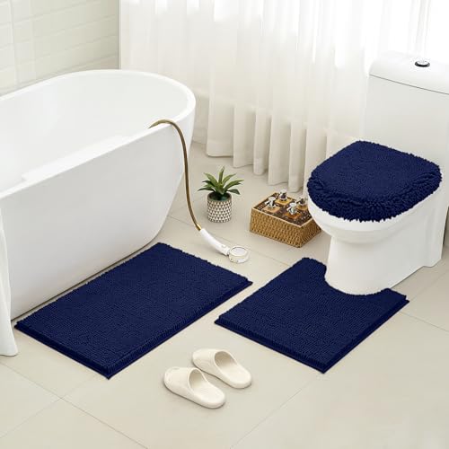 HOMEIDEAS 3 Pieces Navy Blue Bathroom Rugs Set, Ultra Soft Non Slip Bath Rug and Absorbent Chenille Bath Mat, Includes U-Shaped Contour Rug, Bath Mat and Toilet Lid Cover, Perfect for Bathroom, Tub - color: Navy Blue, size: 20"x32"+U 20"x24"+Cover 18"x21"
