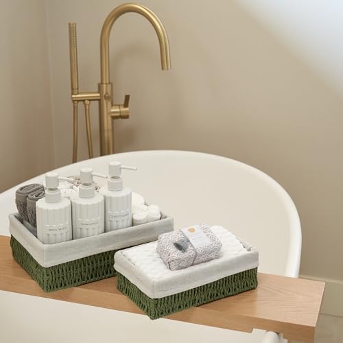 Beautiful Toilet Paper Storage Basket Set of 2 – Decorative Wicker Bathroom Organizer for Toilet Tank Trays - Quality Holder Bin for Shelves Fits Perfectly with Any Bathroom Decor - color: Sage