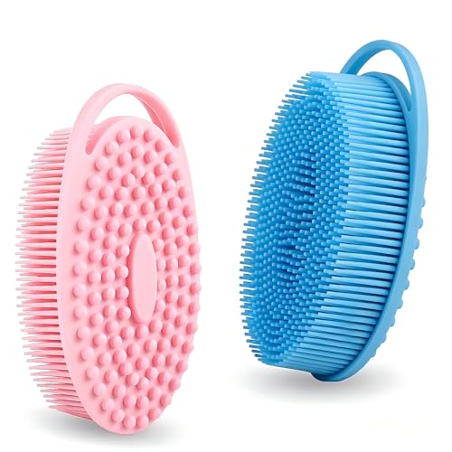 2 Pack Silicone Body Scrubber, Exfoliating Shower Scrubber for All Skin | 2 in 1 dual-sided design, soft bristles and massage bumps side, fast-drying, non-slip handle, for women and men, Blue+Pink - color: Blue&pink