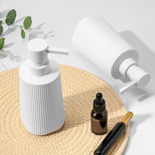 White 2 Pack Hand Soap Dispensers Set with No Rust Pump for Bathroom and Kitchen Countertops Refillable Matte Striped Plastic 8.5 oz - color: White Set of 2