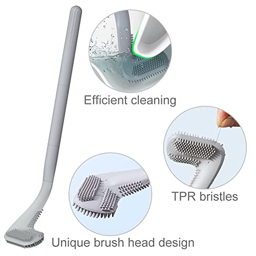 Toilet Brush, Long Handle Golf Toilet Brush with Holder 360° Deep Cleaning Flexible Silicone Toilet Cleaner Brush Wall Mounted for Bathroom (Grey) - color: Gray