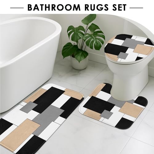 Beige Geometric Shower Curtain Set with Toilet Lid Cover and Non-Slip Rugs for Bathroom, Black Grey White Checkered 4 Pcs Shower Curtain, Modern Abstract Bathroom Set with 12 Hooks - color: Abstract Geometric Beige