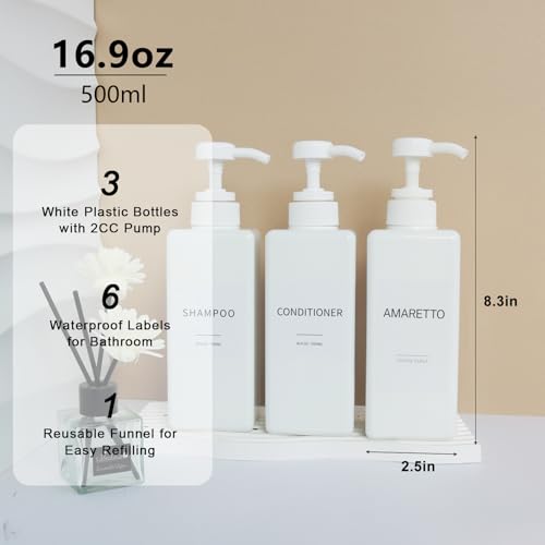 Shampoo and Conditioner Dispenser, Refillable Plastic Shampoo Pump Bottles with Waterproof Labels, Empty Body Wash Dispenser Set for Bathroom, Shower Soap Bottles (White, Set of 3, 16.9oz) - color: White