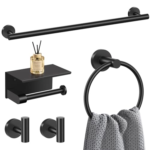 5-Piece Towel Bar Set Black Bathroom Hardware Accessories Set Upgraded Toilet Paper Holder with Shelf Towel Holder Set for Bathroom Stainless Steel Wall Mounted - color: Matte Black, size: 5-Piece Upgraded Set