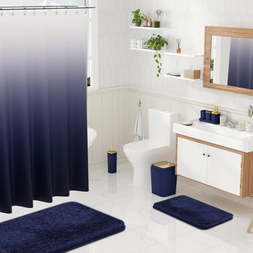 XLHOMO Bathroom Set - Navy Blue Bathroom Sets with Shower Curtain and Rugs, 24PCS Shower Curtain Set with Hooks, Soap Dispenser, Soap Dish, Toilet Brush Holder and Trash Can for Housewarming - color: Navy Blue and Gold, size: Bathroom Set+Shower Curtain+B