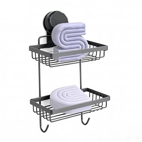 Shampoo Bar Holder Compatible with Kitsch, 2-Tier Self-Draining Shower Caddy with Suction Cup, Hanging Shampoo Bar and Conditioner Organizer with 2 Hooks, Rust-Free Bathroom Wall Accessories