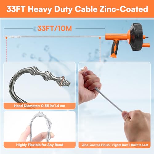 Drain Snake Hair Drain Clog Remover with Drill Adapter, 33ft Flexible Steel Spring Head Drain Augers, Manual or Powered, Sink Drain Snake Clog Remover for Bathroom Kitchen Tub Shower Drain Snake