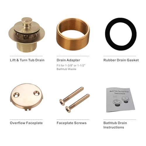 WELLUP Brushed Gold Bathtub Drain Conversion Kit,Lift & Turn Tub Drain | Solid Brass & Stainless Tub Drain,Fits 1-3/8 & 1-1/2 Bathtub Drain,Replacement Tub Drain Kit,2 Hole Overflow Faceplate - color: Gold Brushed, style: 2 Holes