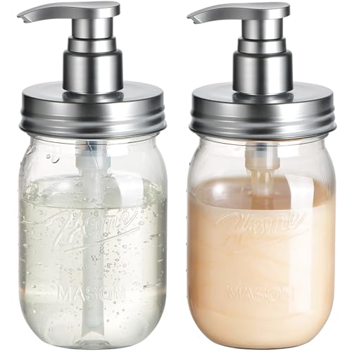 Amolliar Plastic Mason Jar Soap Dispenser with Pump Lid,16OZ Refillable BPA-Free Hand Soap Dispenser Set with Cute Lables, Farmhouse Decor for Kitchen Bathroom, Liquid Soap, Dish Soap (2 Pack, Silver) - color: Silver