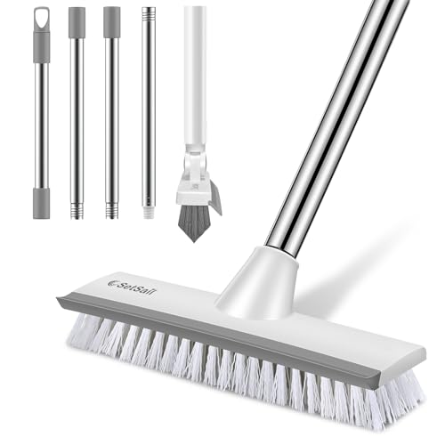 SetSail Floor Scrub Brush and Grout Brush with 51-Inch Long Adjustable Handle 2 in 1 Scrape Brush Stiff Bristle Floor Scrubber for Cleaning Shower Bathroom Garage Kitchen Deck Tub Tile, Grey White - color: Grey White, size: 10in+V-shaped brush