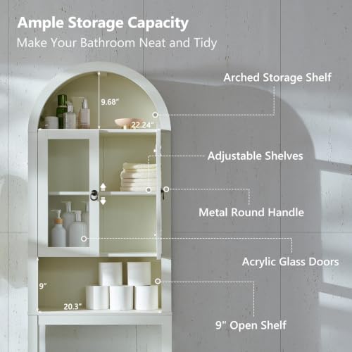 IFGET Arched Over The Toilet Storage Cabinet with Acrylic Doors, Modern Over Toilet Bathroom Organizer Shelf, Small Wooden Bathroom Storage Cabinet with Adjustable Shelf, Space Saver, Antique White - color: Antique White