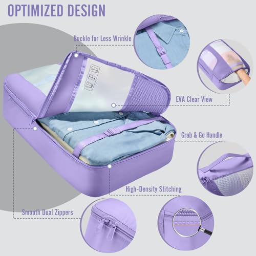 Veken 10 Set Packing Cubes for Travel Essentials,Anti-Wrinkle Buckled Suitcase Organizer for Shoe & Toiletry Bag,Carry On Luggage Bag with 99+ Count Mesh Holes for Airplane & College Dorm Accessories - color: 06 Attractive Purple