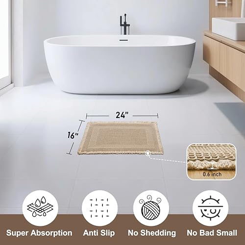 JIUZHEN Waffle Bath Mat Super Absorbent Non Slip Waffle Bath Mats Machine Washable Bathroom Shower Rugs Ultra Soft Boho Bath Rugs for Bathroom, 16" x 24", Loop-Brown - color: Loop-brown, size: 1'4" x 2' (Rectangular)